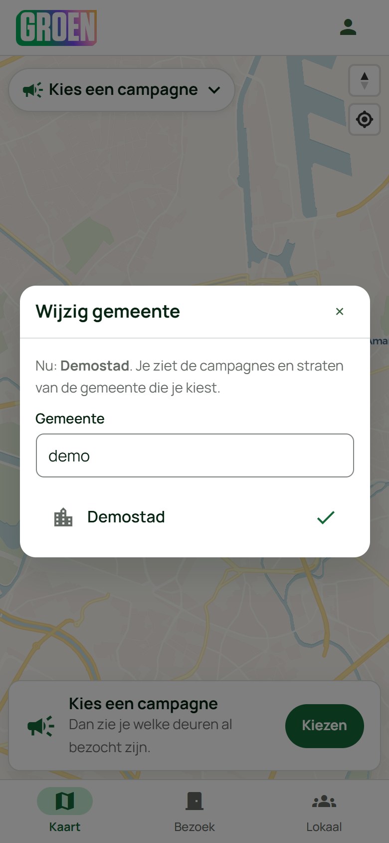 Het venster Wijzig gemeente met de zoeker
