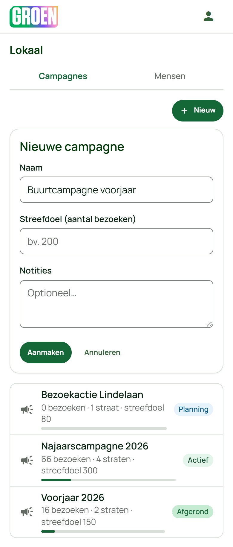 Het formulier Nieuwe campagne
