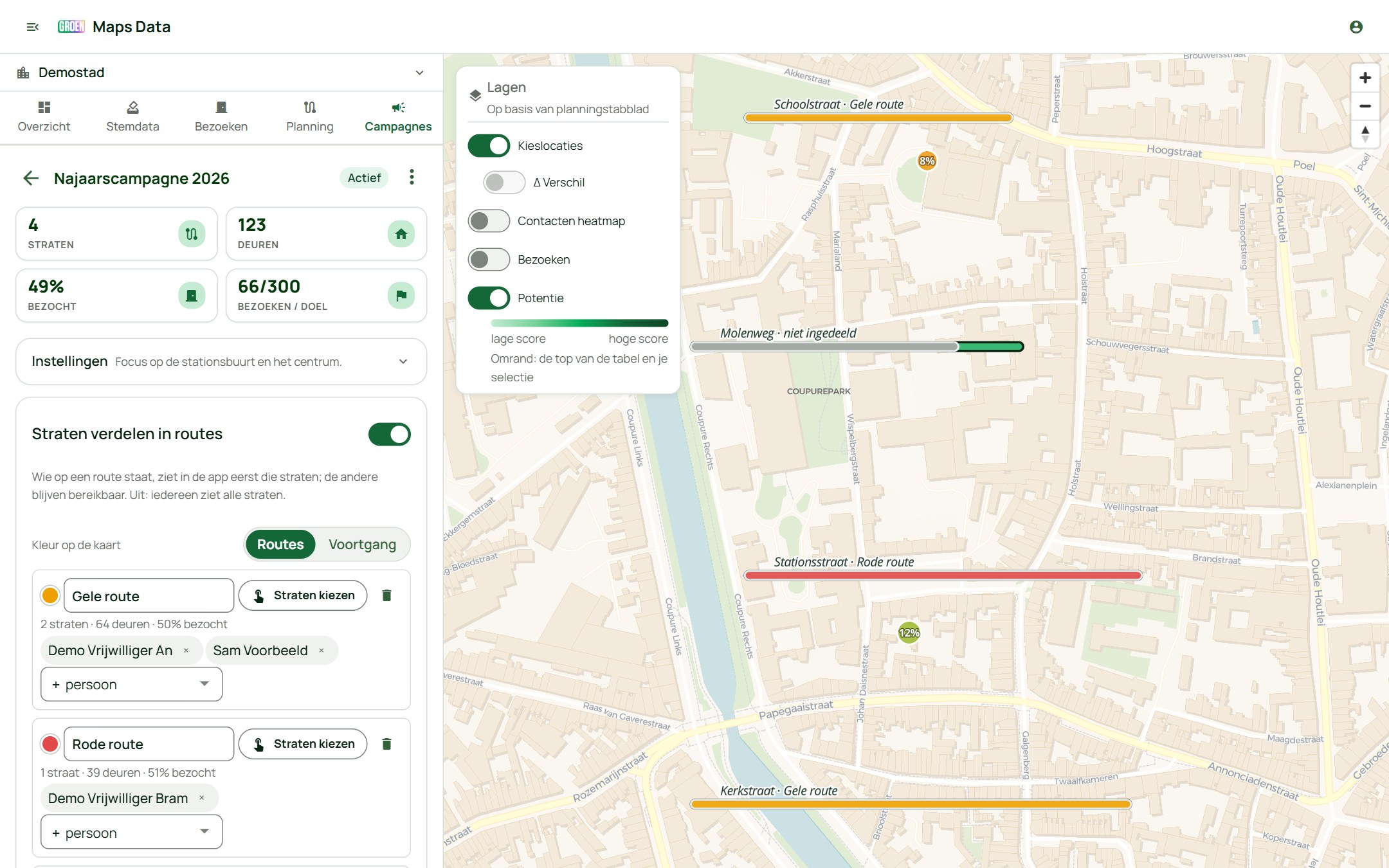 Een campagne in de data-tool met haar straten op de kaart