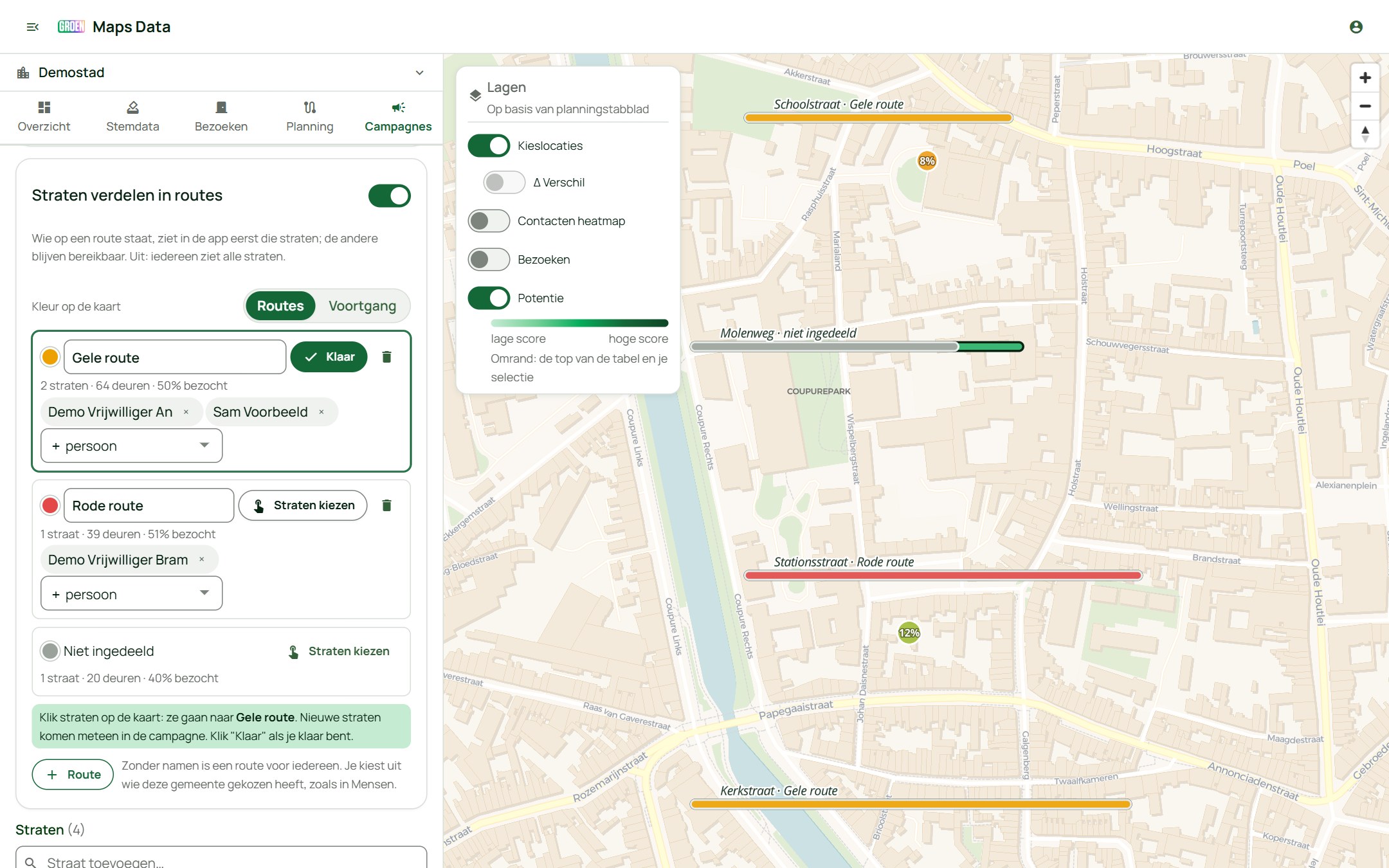 De data-tool met de routes van een campagne